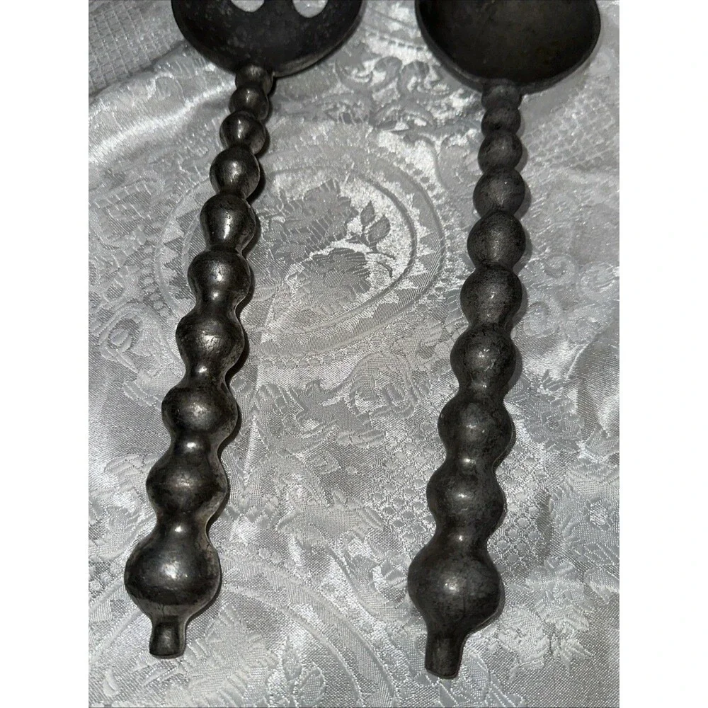 Pewter Metal Silver Tone Salad Servers Silverware Bubble Bead Curved Handles